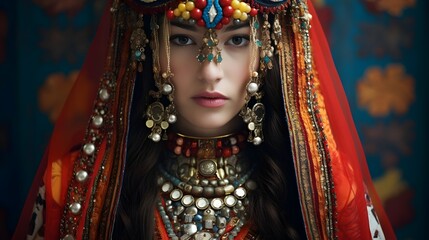 Captivating Close up of a Model in Richly Adorned Traditional Clothing and Jewelry