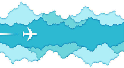 Top view paper cut plane in sky clouds. 3d vector stylized background with layered papercut effect of fluffy white clouds frame with bright blue sky and plane soaring high above, leaving a contrail © Vector Tradition