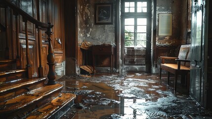 Abandoned house interior with water damage