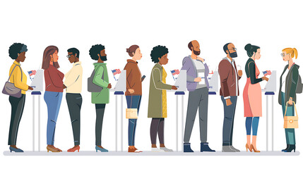 Diverse Group of People Standing in Line to Vote