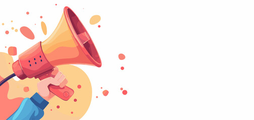 Hand holding a colorful megaphone with abstract shapes. Bright background with playful elements.