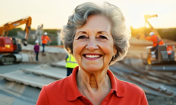 Lifestyle portrait video of a satisfied woman in her 70s wearing a sporty polo shirt against a construction site or work zone background