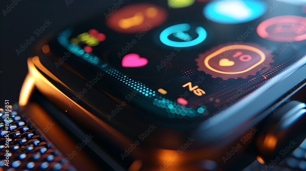 Poster Close up of a Smartwatch Interface with Mesh Line Icons for Fitness and Notifications