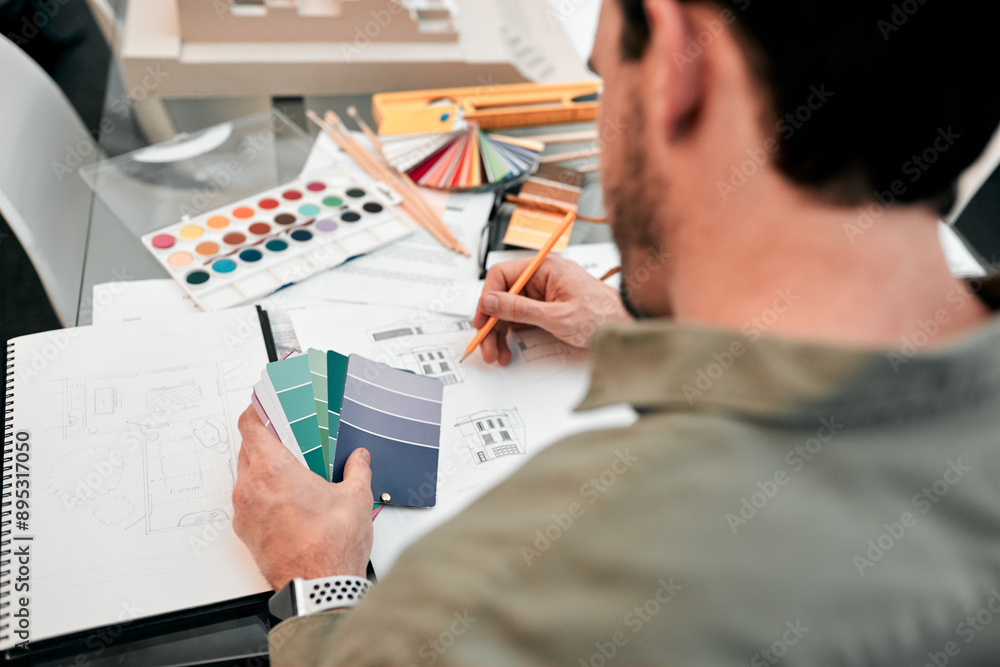Poster architecture, businessman and drawing on blueprint in office for creativity, project and planning wi