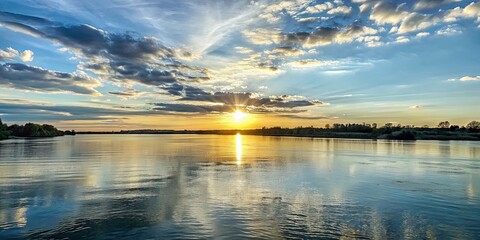 Obraz premium Sunset casting a golden glow over a peaceful river, sunset, river, water, reflection, tranquil, nature, evening, scenic, dusk, beauty