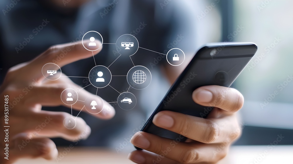 Poster customer service chat on smartphone with support system icons
