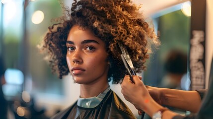 Fototapeta premium Curly Hair Styling Professional Hairstylist Working on Client s Stylish Curls in Beauty Salon