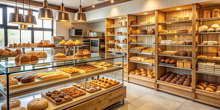 Bakery interior with fresh pastries on display , bakery, pastries, bread, cakes, sweets, desserts, baked goods, food, shop