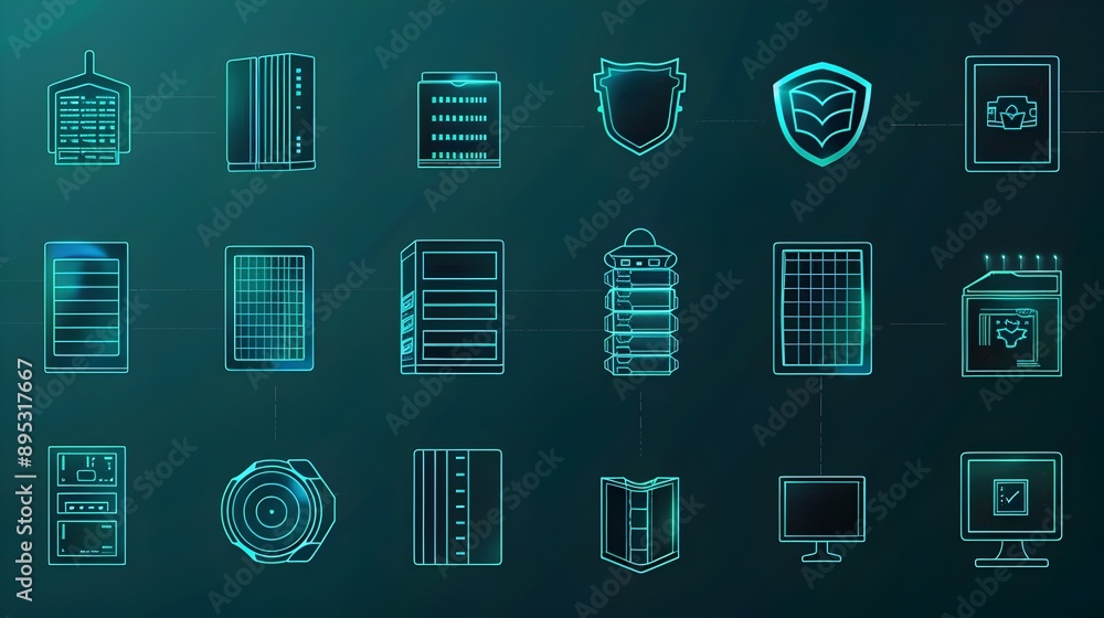 Poster cybersecurity network mesh with firewall antivirus and secure server icons