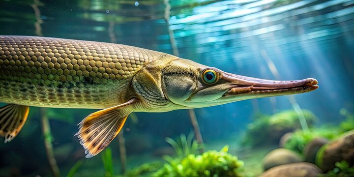 Close-up of an Alligator gar swimming in an aquarium , Alligator gar, fish, underwater, predator, aquatic, wildlife
