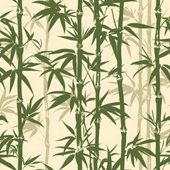 Enhance your design with a seamless vintage bamboo pattern featuring green stalks and leaves on a beige background. Ideal for natureinspired and orientalthemed art and decor projects