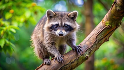 Raccoon climbing on a tree branch, wildlife, nature, forest, mammal, climbing, curious, fluffy, striped tail, adorable, outdoors