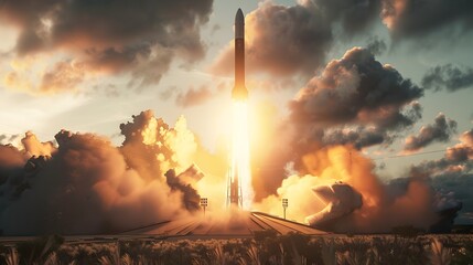 Fototapeta premium Dramatic Rocket Launch from Launch Pad Perspective at Sunset or Sunrise