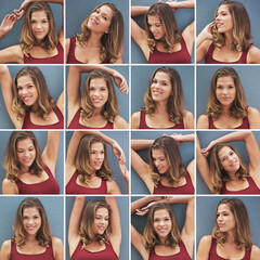 Hair care, collage and woman with smile in studio for shampoo shine, growth and satisfaction. Composite, happy and pose with confidence for treatment, results and hairstyle on gray background