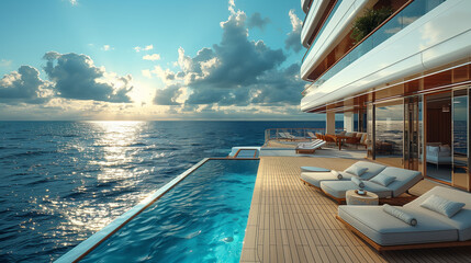 Fototapeta premium Close-Up of a Luxury Cruise Ship Deck with Loungers, Swimming Pool, and Ocean Views Digital Photography