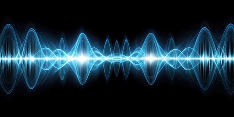 Abstract image of sound waves vibrating in the dark with glowing lines and curves, sound waves, dark, abstract, vibration, glowing
