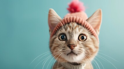 A cat wearing a pink knit hat sits against a teal backdrop with a blurred background, portraying a cute and cozy scene in a soft and charming setting.