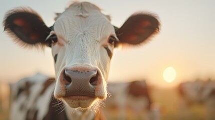 A close-up image of a cow facing the camera with the morning sun rising over a pasture, symbolizing a new day and the peacefulness of farm life.