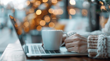 Working in a cozy cafe, someone holds a coffee cup in one hand and types on a laptop with the other, creating a warm and productive work environment.