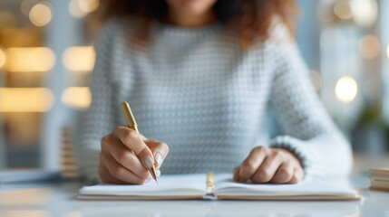 An image capturing a woman&rsquo;s hand delicately writing in a notebook using a golden pen, emphasizing attention to detail and elegance, set against a softly focused background.