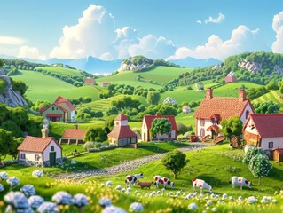 3D cartoon countryside with rolling hills, charming cottages, and friendly farmers, set against a high-quality backdrop that captures the peaceful and idyllic setting 