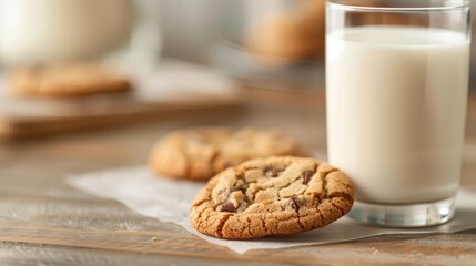 A pair of cookies resting on parchment paper next to a glass of milk on a rustic wooden table, evoking a sense of warmth and inviting simplicity ideal for a cozy snack break.
