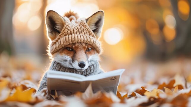 A dog wearing a hat sits outdoors in an autumn setting, attentively reading a newspaper amidst fallen leaves, capturing a whimsical and charming moment that blends nature and human-like behavior.