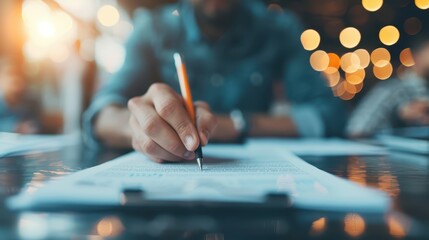 A close-up of a person writing on paper with a pen, surrounded by a warm bokeh background, symbolizing creativity, thought, and focus, often seen in artistic settings.