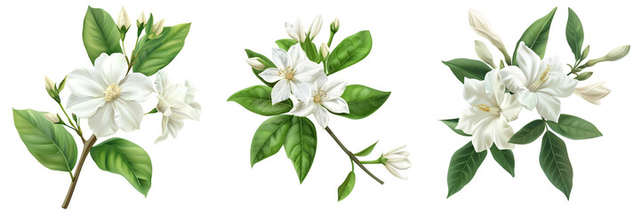 Fototapeta premium Beautiful illustrations of white jasmine flowers with green leaves, perfect for nature-themed designs and floral motifs.
