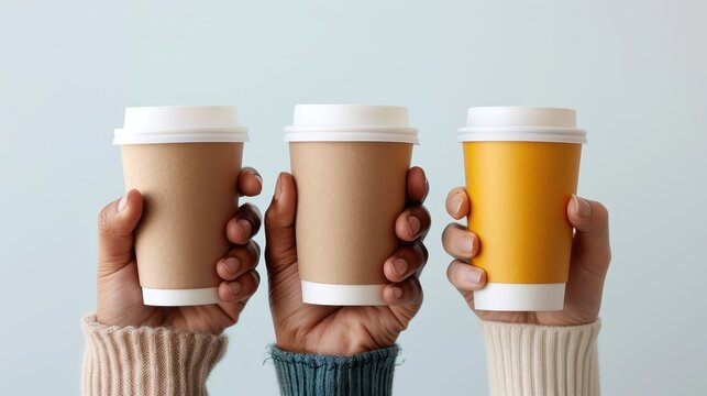 Image of three hands holding coffee cups with sleeves against a plain background, showcasing a diversity of hands and unity in a shared activity like drinking coffee.