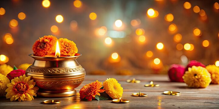 Diwali pooja decoration with golden Diya on Kalash , Diwali, pooja, decoration, gold, Diya, Hindu festival