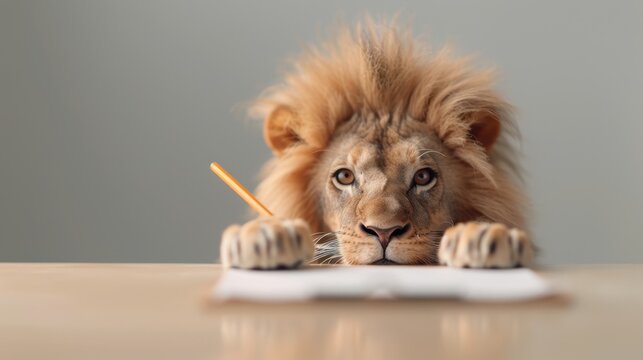 A lion rests on a desk holding a pencil with its paws and looks intently at the notebook, as if ready to write or sketch. The soft background adds depth.