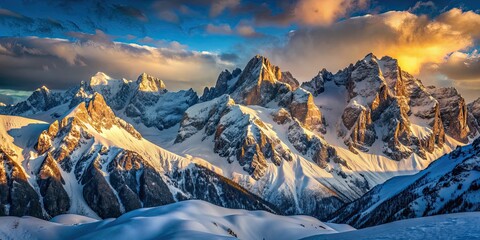 Majestic alpine peaks shrouded in snow with dramatic shadows , snow-capped, heights, dramatic, shadows, mountain, alpine