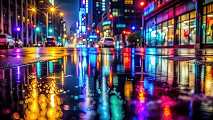 Obraz premium Rainy night cityscape with colorful reflections in puddles, city lights, urban, raining, wet pavement