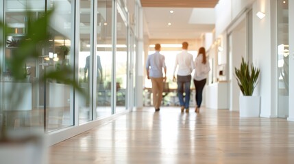 A bright and modern office corridor featuring glass walls, wooden flooring, and three people walking away, showcasing a contemporary and professional work environment.