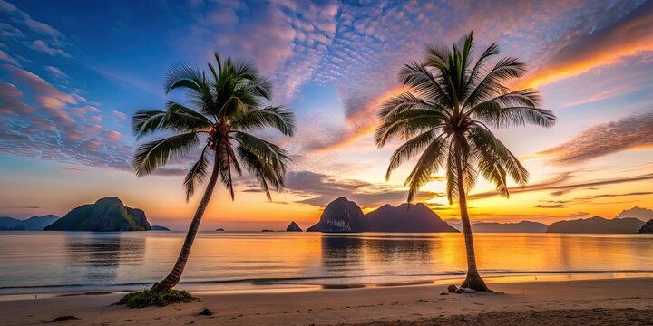 Two palm trees silhouetted against the dawn sky on Corong Corong beach in El Nido, Philippines , sunrise, Palawan, beach