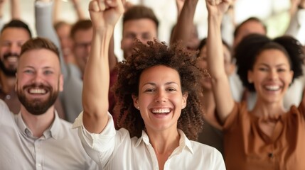 Fototapeta premium A cheerful woman raises her fist triumphantly into the air, surrounded by a supportive and enthusiastic crowd, symbolizing victory, unity, and collective celebration.