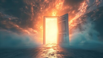 Conceptual representation of an open door leading to a bright, ethereal light, symbolizing new opportunities and possibilities, set against a high-quality background 