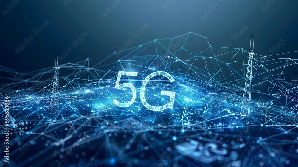 Poster futuristic 5g network connectivity with mesh lines and devices