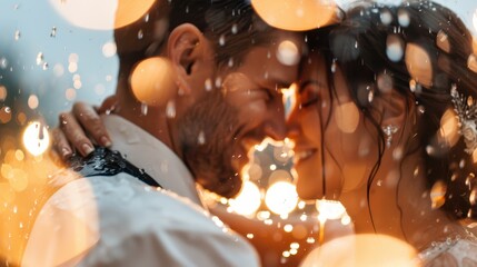 A couple embracing in the rain, illuminated by warm bokeh lights and surrounded by raindrops, capturing a romantic and intimate moment in an artistic style setting.