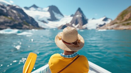 Fototapeta premium A person in a straw hat is kayaking on a serene blue lake surrounded by majestic snow-capped mountains, reflecting the tranquil and adventurous spirit of the scene.