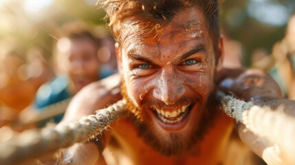 This image displays an intense tug-of-war match, with participants pulling the rope with determination and strength, displaying teamwork and competitive spirit amid a sunlit backdrop.