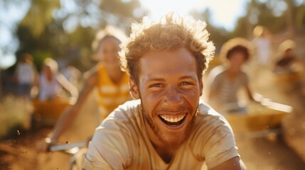 A man rides his bicycle ahead of friends on a dirt path during a summer outdoor adventure, exuding a sense of freedom, excitement, and camaraderie under the warm sun.