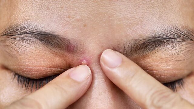 asian woman squeezes pimple on forehead with her finger