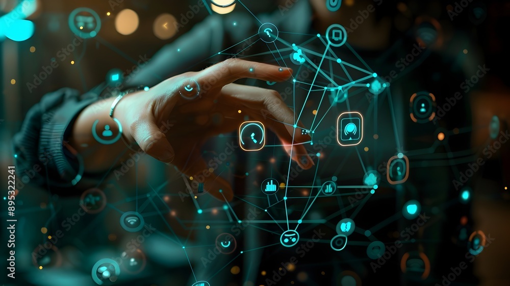 Poster Futuristic Hand Gestures Controlling a Digital Device with Mesh Line Icons