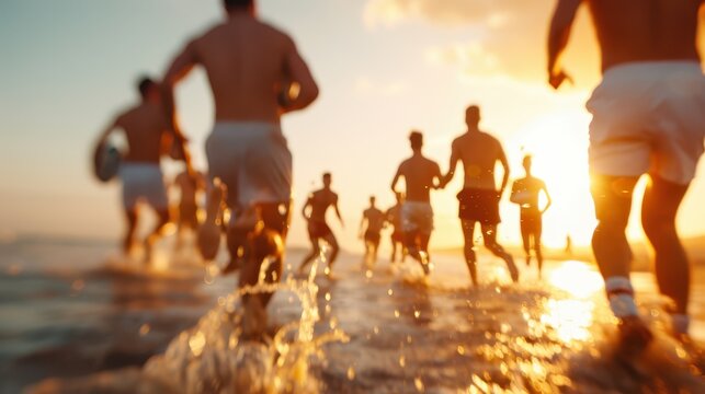 A group of people are seen running on a beach at sunset, showcasing a beautiful and energetic scene marked by athleticism, determination, and the beauty of nature. - Powered by Adobe