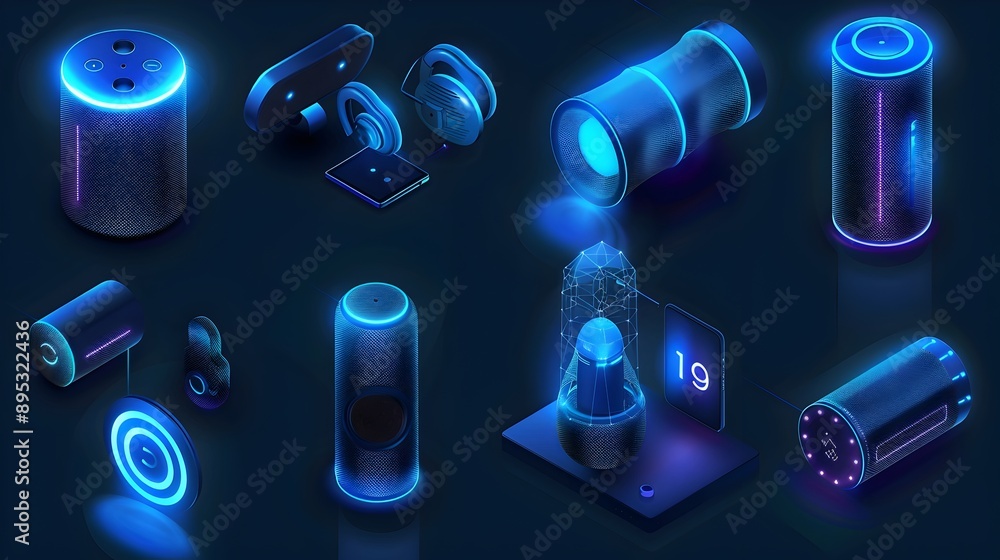Poster Futuristic Mesh Line Icons of Smart Speakers and Voice Controlled Devices