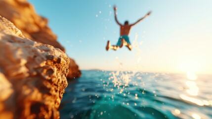 Naklejka premium A person is captured in mid-air as they leap off a rocky cliff into the ocean below, showcasing a raw moment of adventure and excitement in the outdoors.