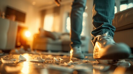 Obraz premium A person walks through a living room with shattered pieces scattered on the floor, illuminated by a warm indoor light, capturing a moment of disruption and movement in a home setting.