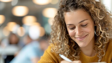 Obraz premium A focused individual with curly hair writing in a notebook while seated in a bustling café, surrounded by a vibrant atmosphere of conversations and warm lighting.